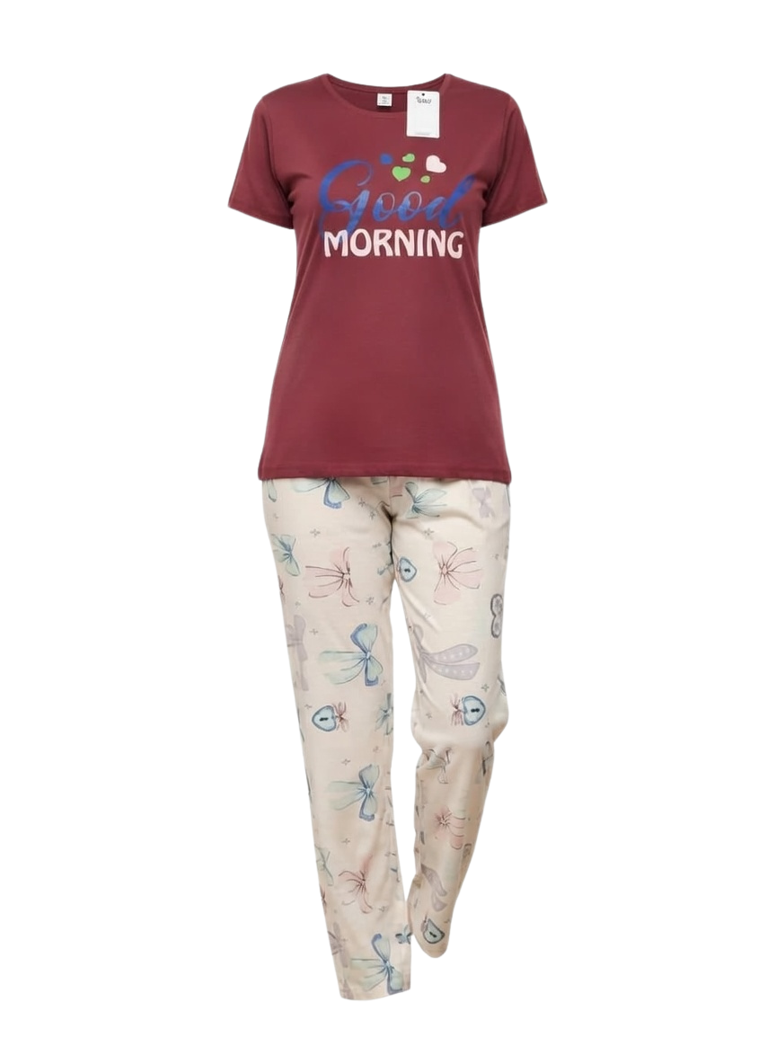 Good Morning Graphic Tee & Butterfly Print Pajama Set (New Arrival)