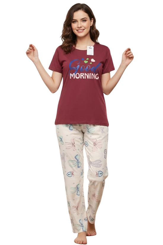 Good Morning Graphic Tee & Butterfly Print Pajama Set (New Arrival)