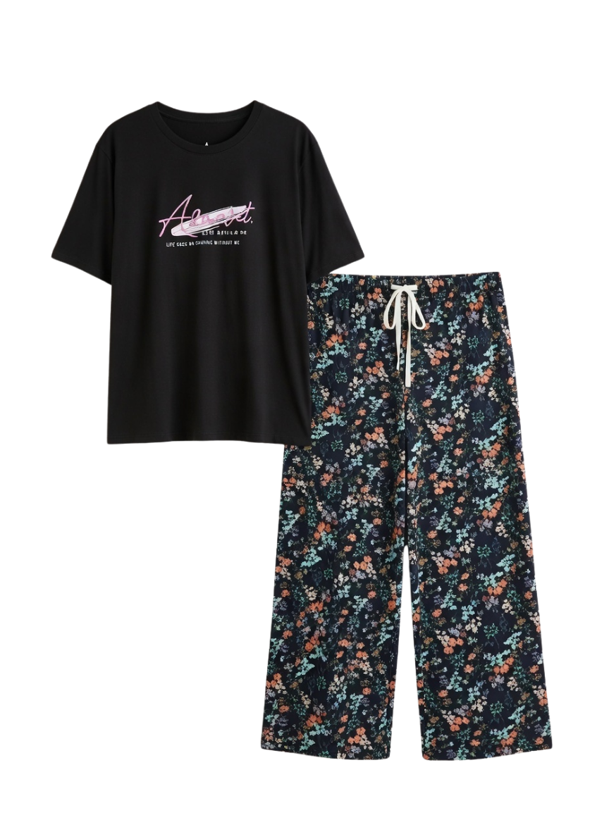 Floral Palazzo & Black Tee Combo