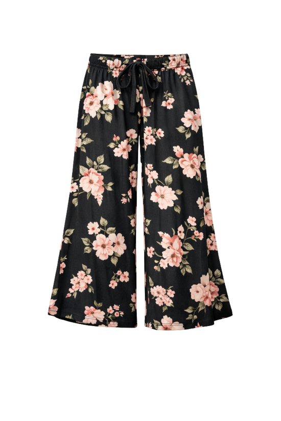 Women’s Black Floral Print Lounge Palazzo Pants with Drawstring Waist