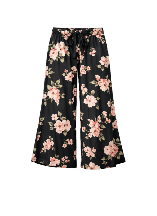 Women’s Black Floral Print Lounge Palazzo Pants with Drawstring Waist