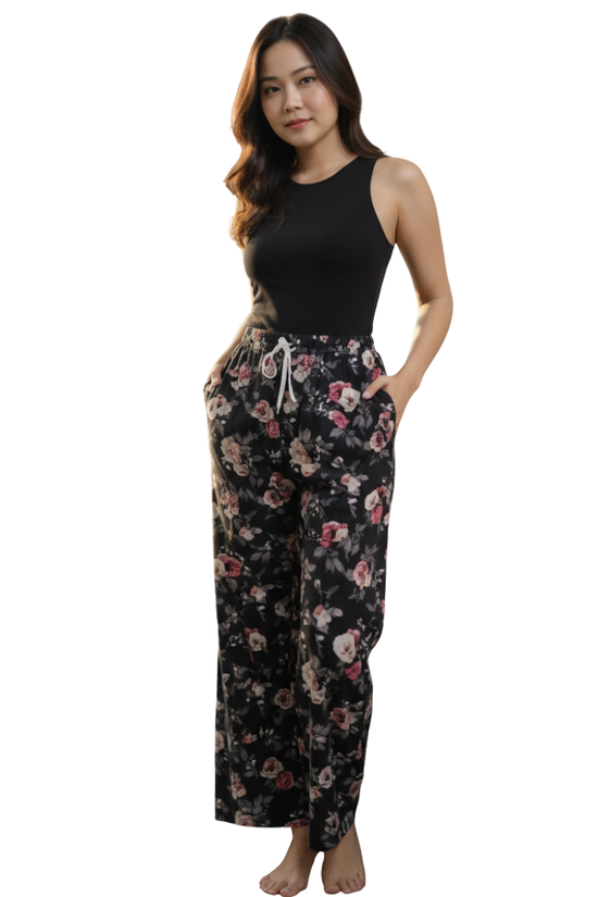 Women’s Black Floral Print Lounge Palazzo Pants with Drawstring Waist