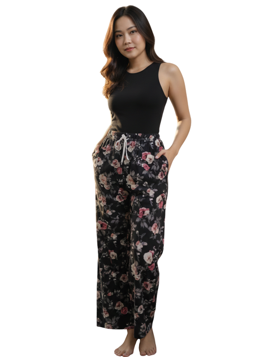 Women’s Black Floral Print Lounge Palazzo Pants with Drawstring Waist