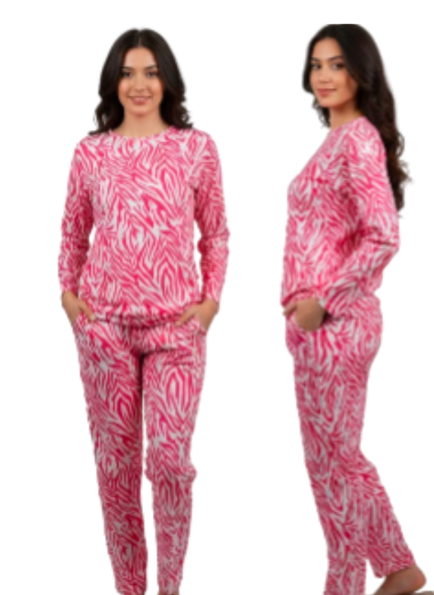 Pink Zebra Print Cozy Night Suit – Full Sleeves
