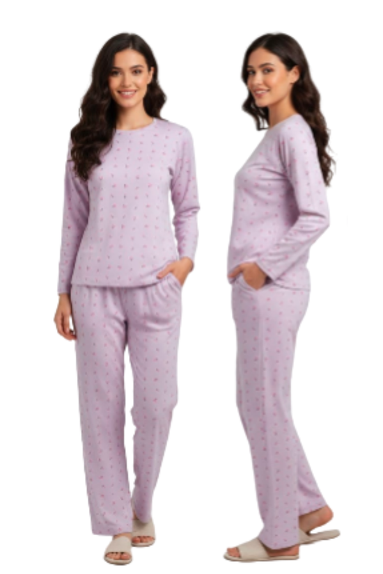 Pink Subtle Print Night Suit – Full Sleeves