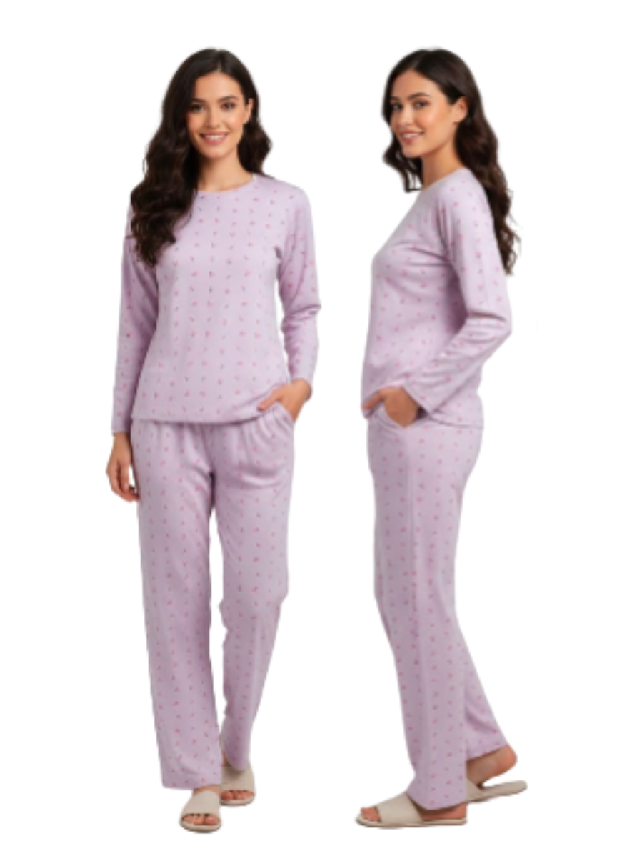 Pink Subtle Print Night Suit – Full Sleeves