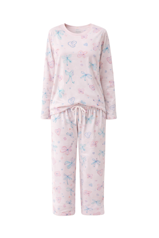 White Pink Floral Cozy Night Suit – Full Sleeves