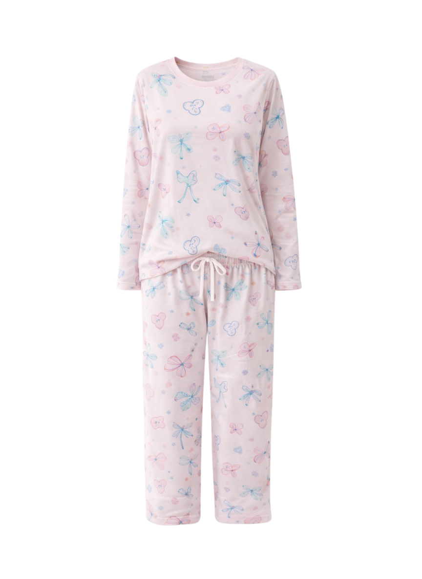 White Pink Floral Cozy Night Suit – Full Sleeves