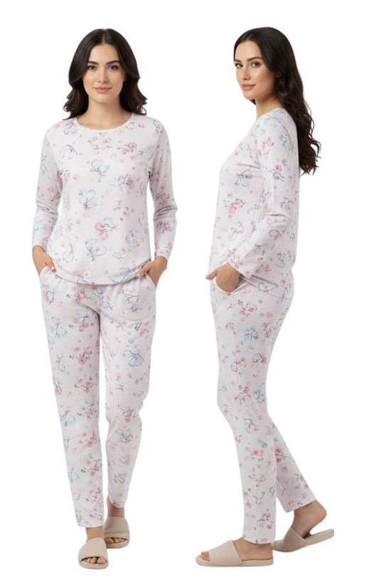 White Pink Floral Cozy Night Suit – Full Sleeves