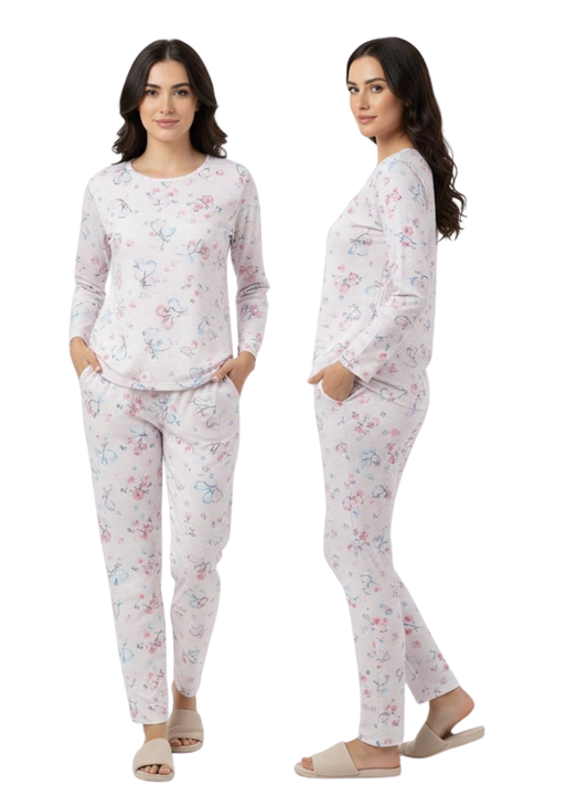 White Pink Floral Cozy Night Suit – Full Sleeves