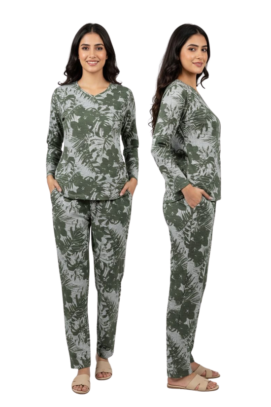 Green Leaf Print Night Suit – Full Sleeves