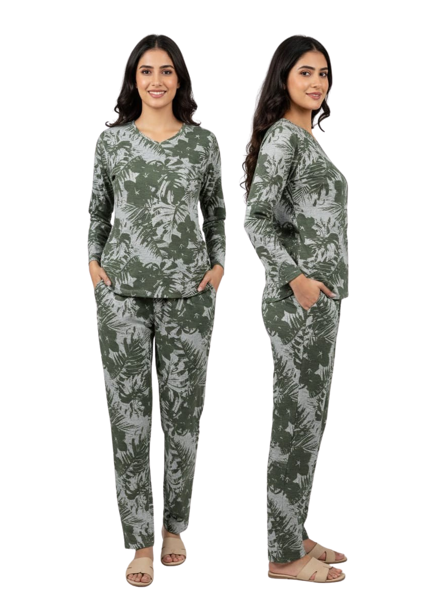 Green Leaf Print Night Suit – Full Sleeves