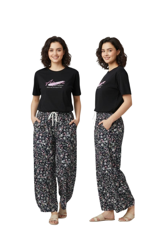 Floral Palazzo & Black Tee Combo