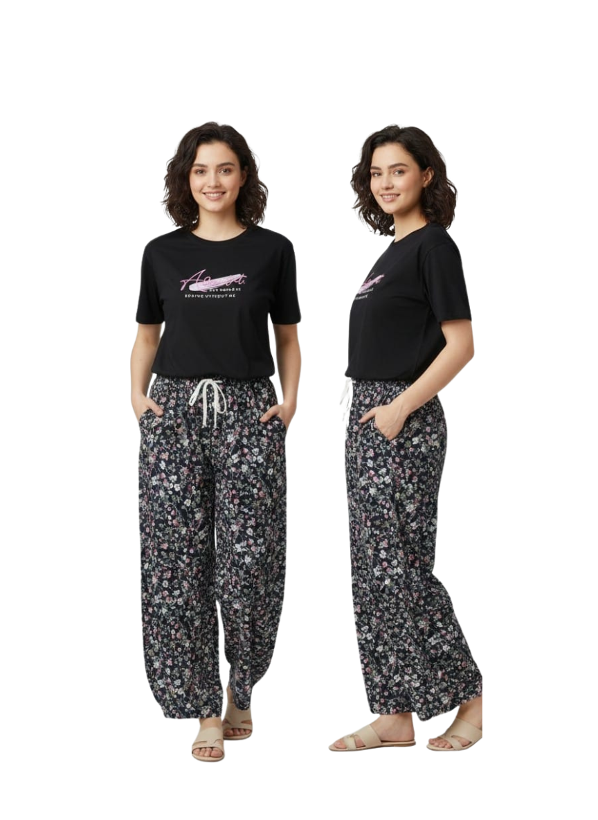 Floral Palazzo & Black Tee Combo