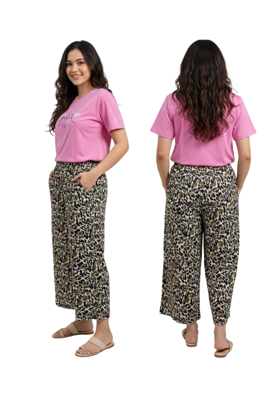 Women’s Leopard Print Lounge Palazzo Pants with Elastic Waist