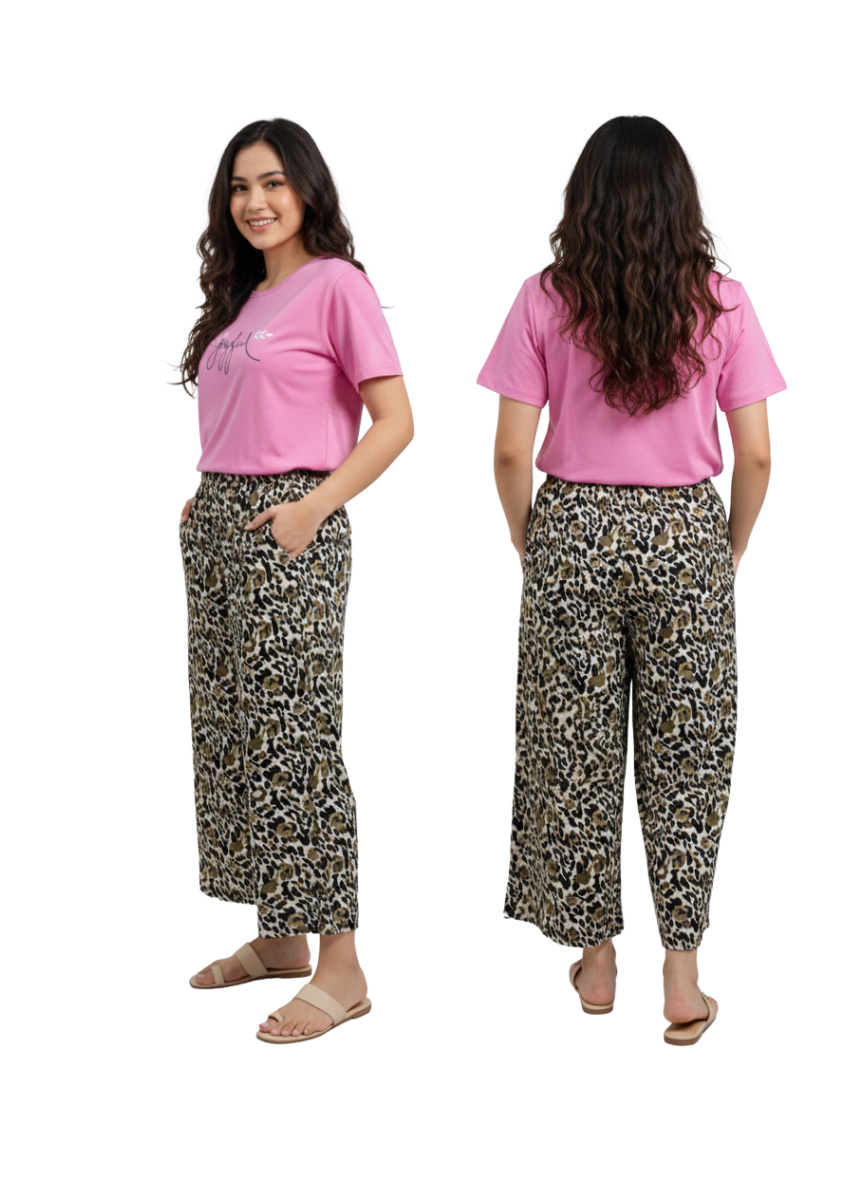 Women’s Leopard Print Lounge Palazzo Pants with Elastic Waist