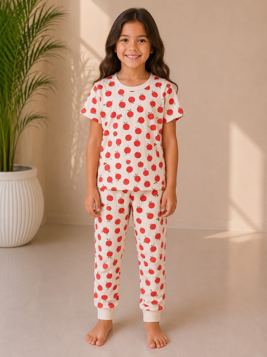 A young girl wearing a Chillpjs cream cotton pajama set with a red apple print, featuring a short-sleeve top and joggers