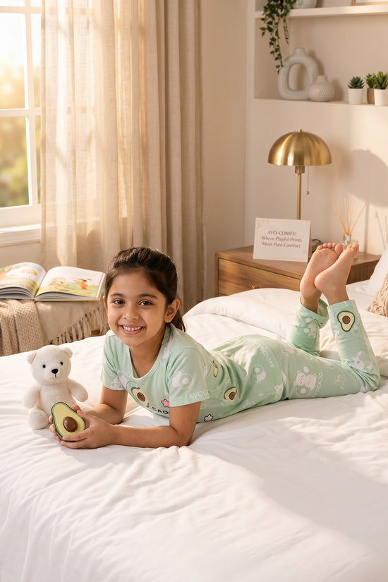 Chillpjs pastel green cotton night suit with avocado and bear print worn by a smiling girl on a cozy bed