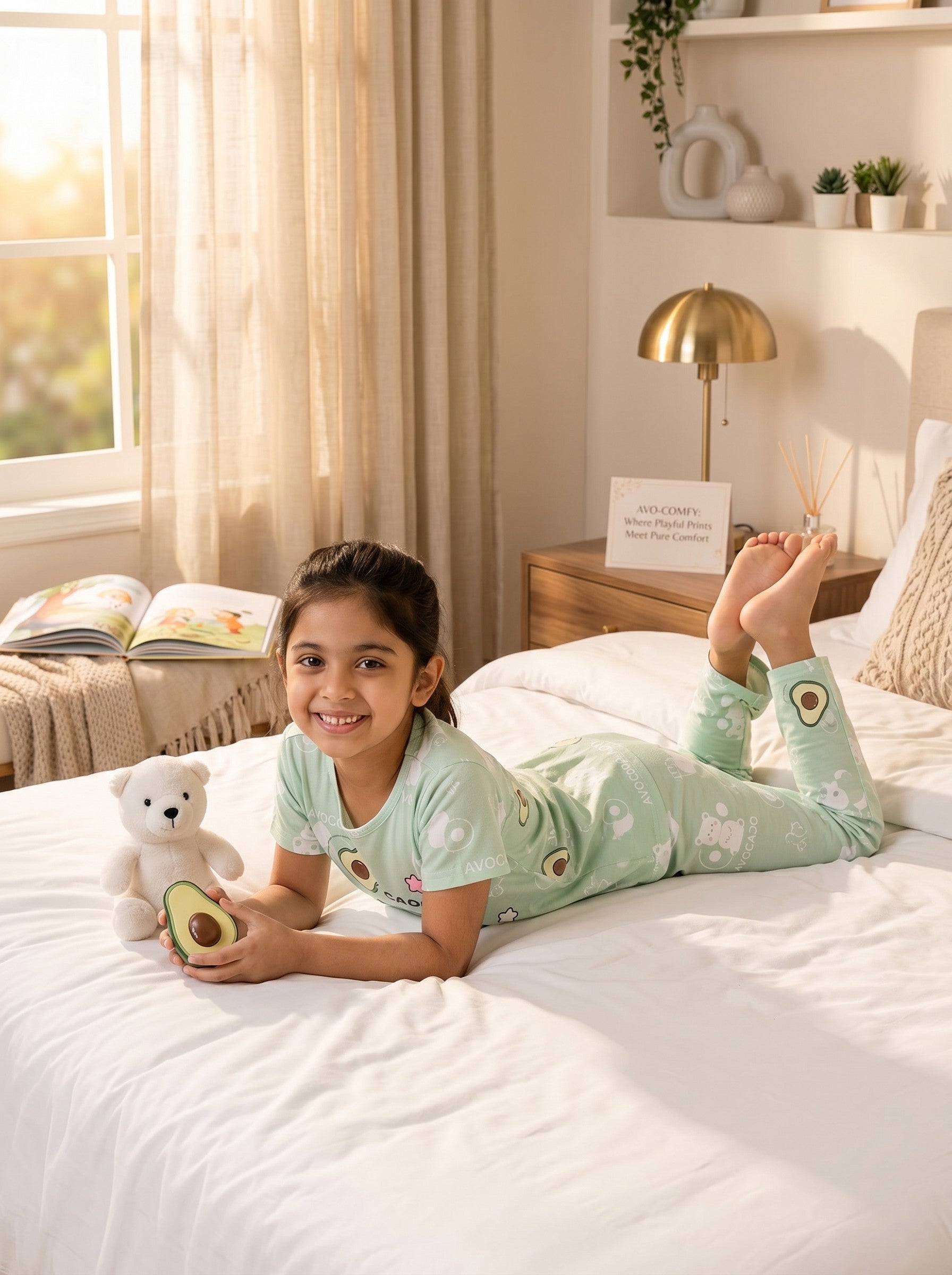 Chillpjs pastel green cotton night suit with avocado and bear print worn by a smiling girl on a cozy bed