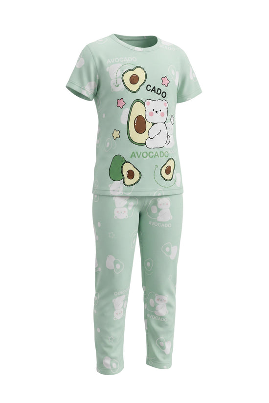 Chillpjs pastel green cotton night suit featuring a cute avocado and bear print for kids.