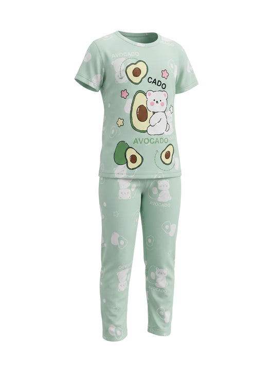 Chillpjs pastel green cotton night suit featuring a cute avocado and bear print for kids.