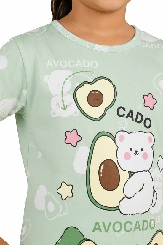 Chillpjs pastel green cotton night suit top featuring a cute avocado and teddy bear print for kids.
