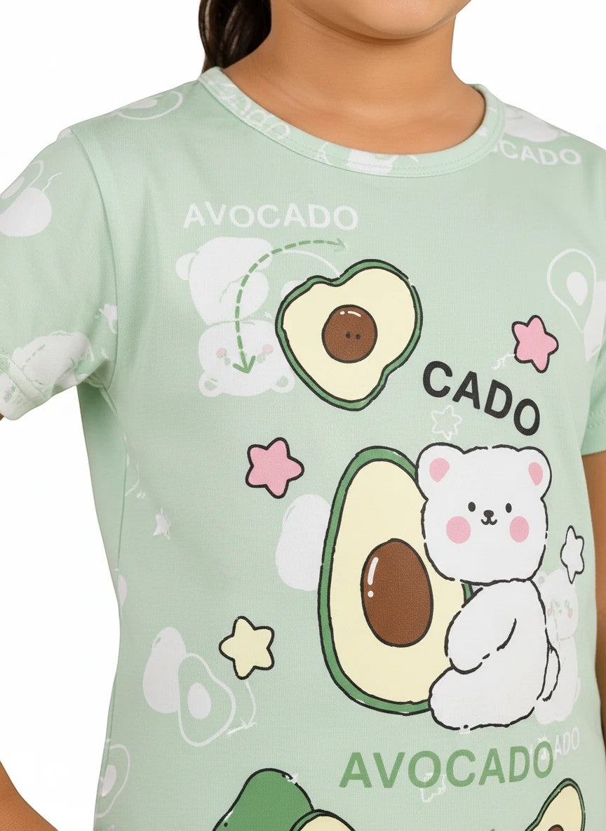 Chillpjs pastel green cotton night suit top featuring a cute avocado and teddy bear print for kids.