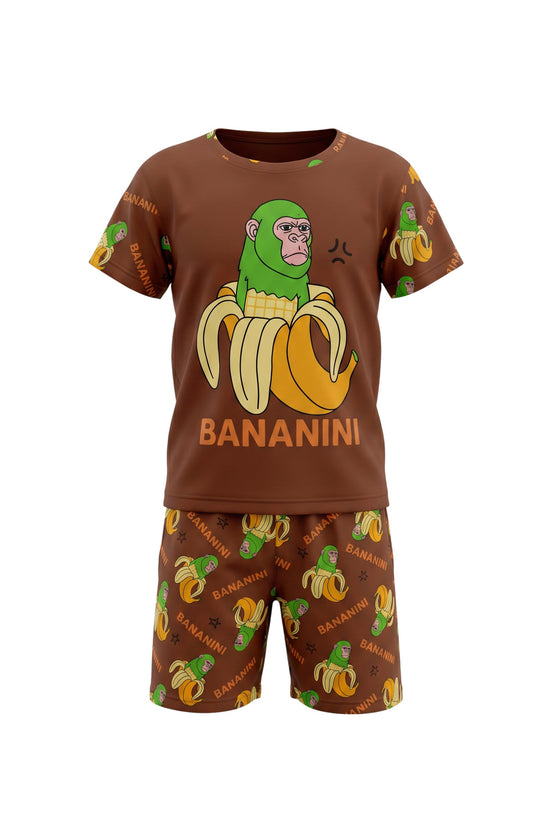 Chillpjs Bananini cotton shorts night suit in brown with a playful green monkey and banana cartoon print for kids.
