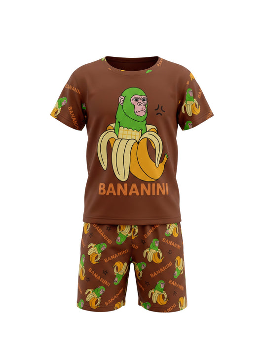 Chillpjs Bananini cotton shorts night suit in brown with a playful green monkey and banana cartoon print for kids.