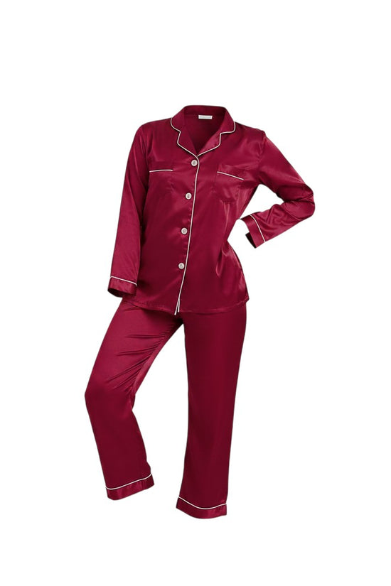 Chillpjs burgundy satin button-down pajama set with white contrast piping and a notched collar
