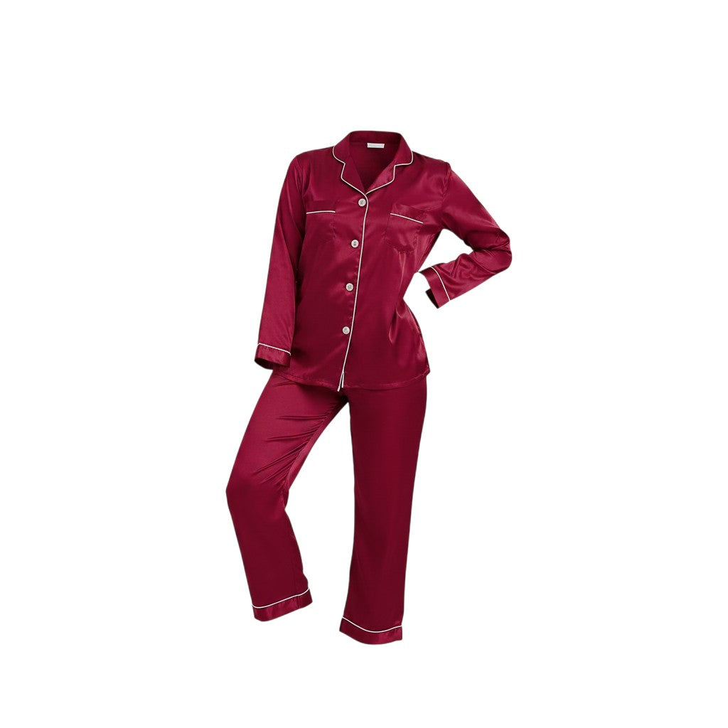 Chillpjs burgundy satin button-down pajama set with white contrast piping and a notched collar