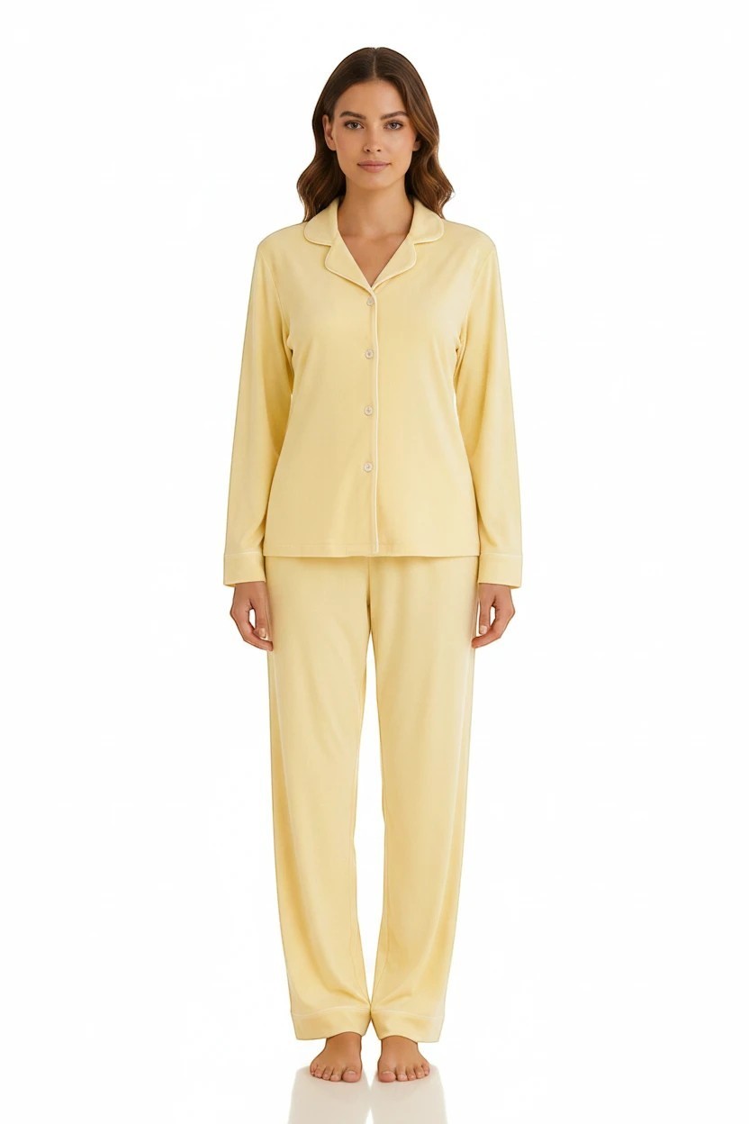 Model wearing a Chillpjs butter yellow soft linen pajama set with long sleeves, notch lapel collar, and wide leg pants.