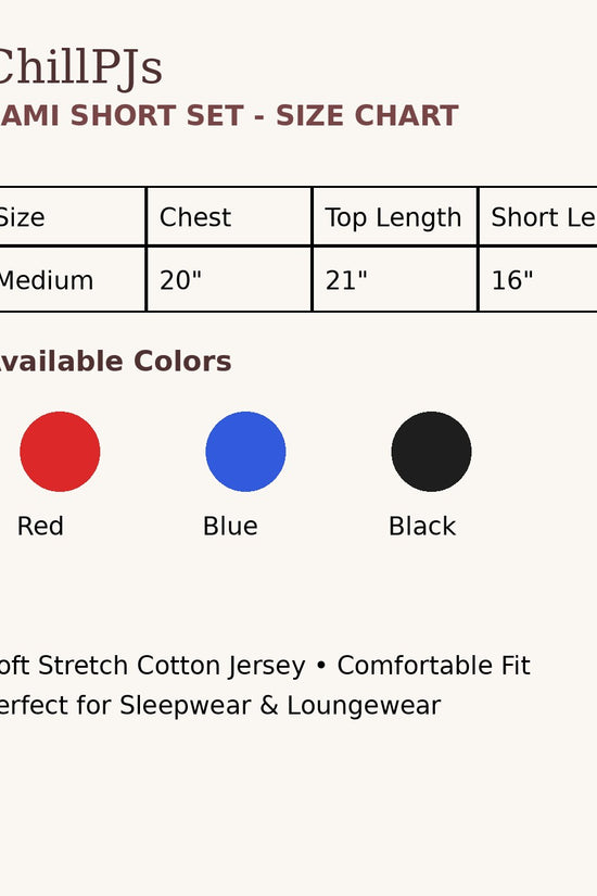 ChillPJs Ruby Breeze Cami Short Set size chart and color options in red, blue, and black stretch cotton jersey.