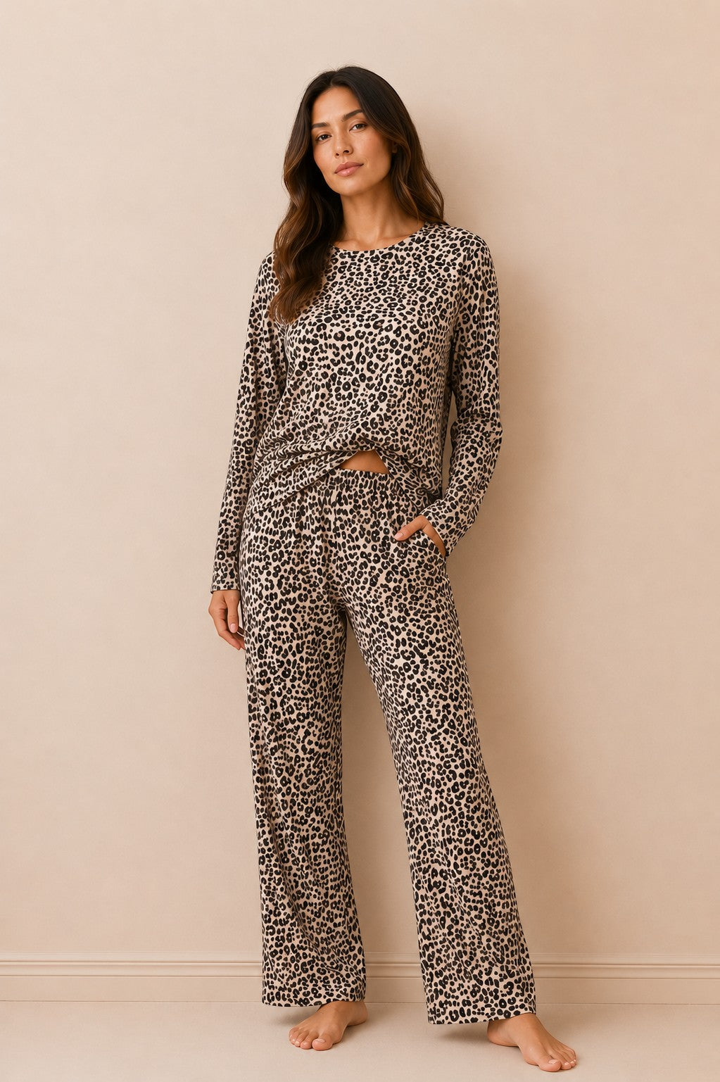 Chillpjs cheetah print two-piece lounge set with full-sleeve top and straight-fit trousers on a female model