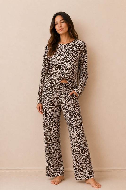Chillpjs cheetah print two-piece lounge set with full-sleeve top and straight-fit trousers on a female model