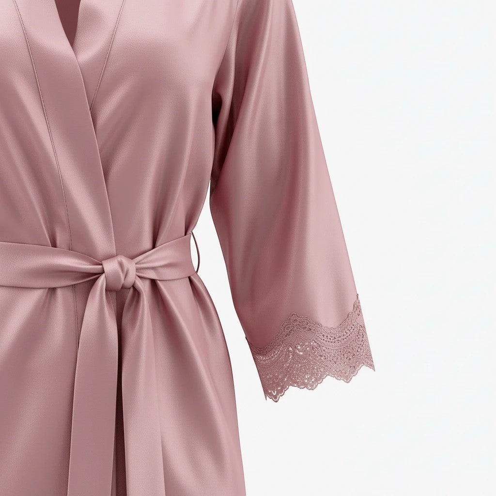 Chillpjs dusty rose satin robe with delicate lace trim on the sleeves and a matching tie-waist belt.