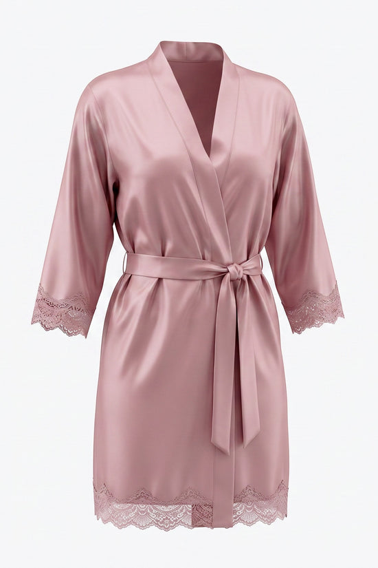 Chillpjs dusty rose satin robe with delicate lace trim on cuffs and hem, featuring a wrap-front and tie-waist belt.