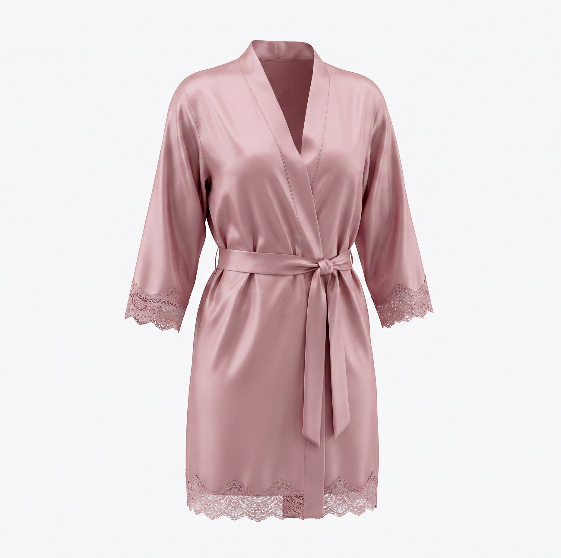 Chillpjs dusty rose satin robe with delicate lace trim on cuffs and hem, featuring a wrap-front and tie-waist belt.