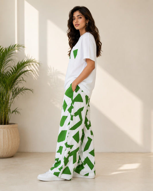 Chillpjs Urban Pop co-ord lounge set with a white relaxed-fit t-shirt and wide-leg trousers featuring green abstract print