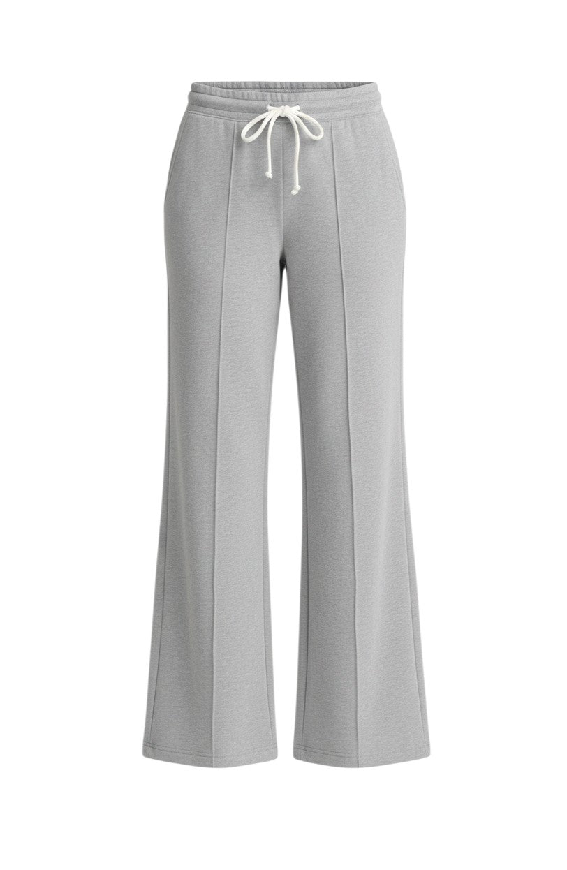 Chillpjs grey high-waisted wide-leg lounge pants with a drawstring waist, center seams, and side pockets.