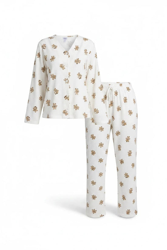 Chillpjs Honey Bear loungewear set in cream popcorn crinkle fabric with a brown teddy bear print and button-down top.