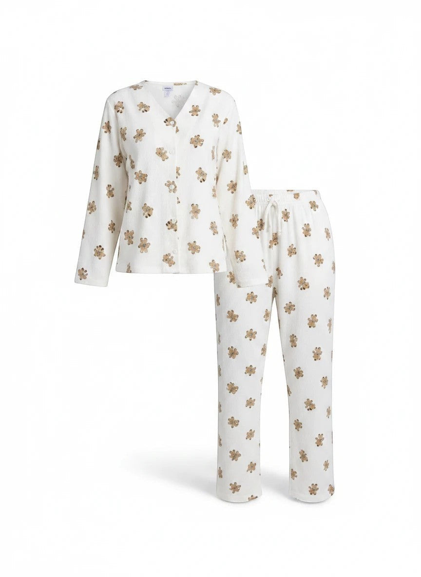 Chillpjs Honey Bear loungewear set in cream popcorn crinkle fabric with a brown teddy bear print and button-down top.