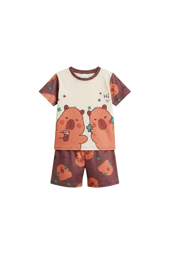 Chillpjs kids two-piece cotton night suit set featuring a cute brown bear print on a cream and brown background.