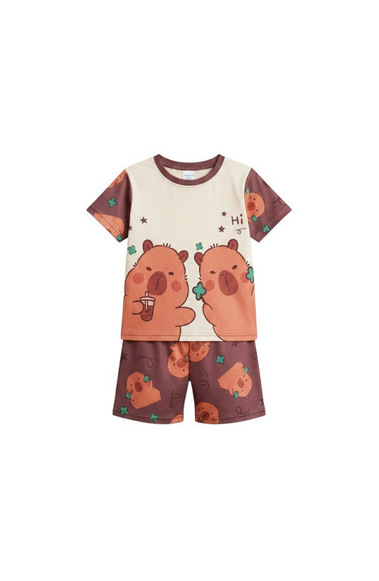 Chillpjs kids two-piece cotton night suit set featuring a cute brown bear print on a cream and brown background.