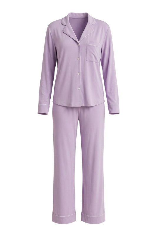 Chillpjs lavender soft linen pajama set with long sleeves, notch lapel collar, and wide leg pants.