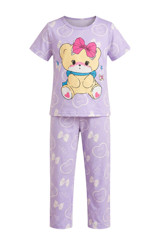 Chillpjs lavender cotton night suit for girls featuring a cute teddy bear print with a pink bow and all-over pattern.