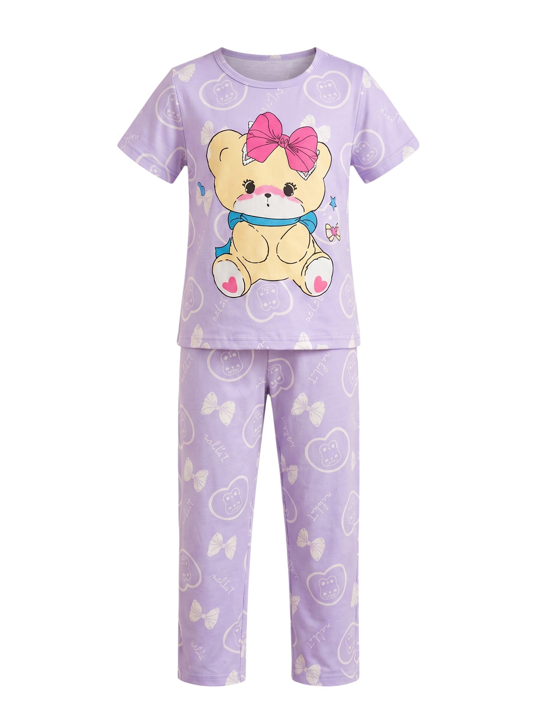 Chillpjs lavender cotton night suit for girls featuring a cute teddy bear print with a pink bow and all-over pattern.