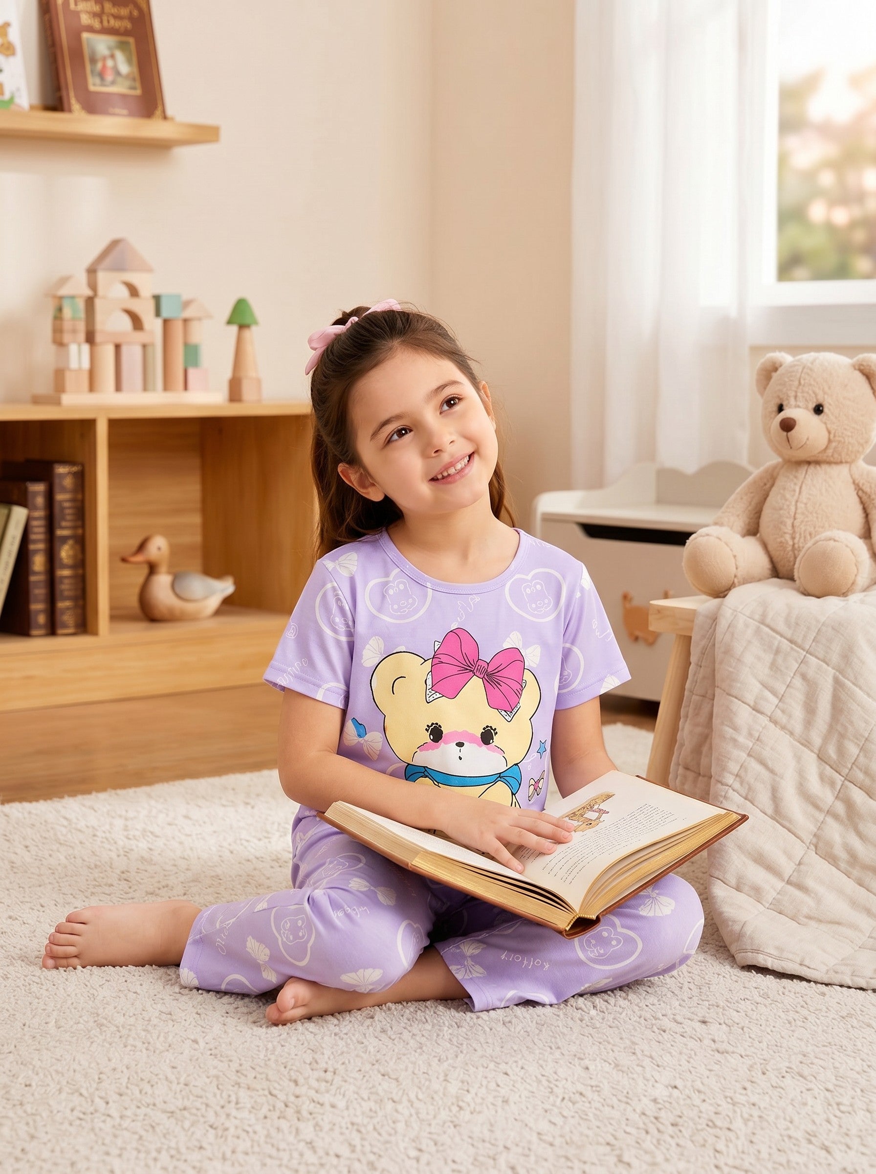 Chillpjs lavender cotton night suit with a cute teddy bear print worn by a young girl reading a book on a rug.