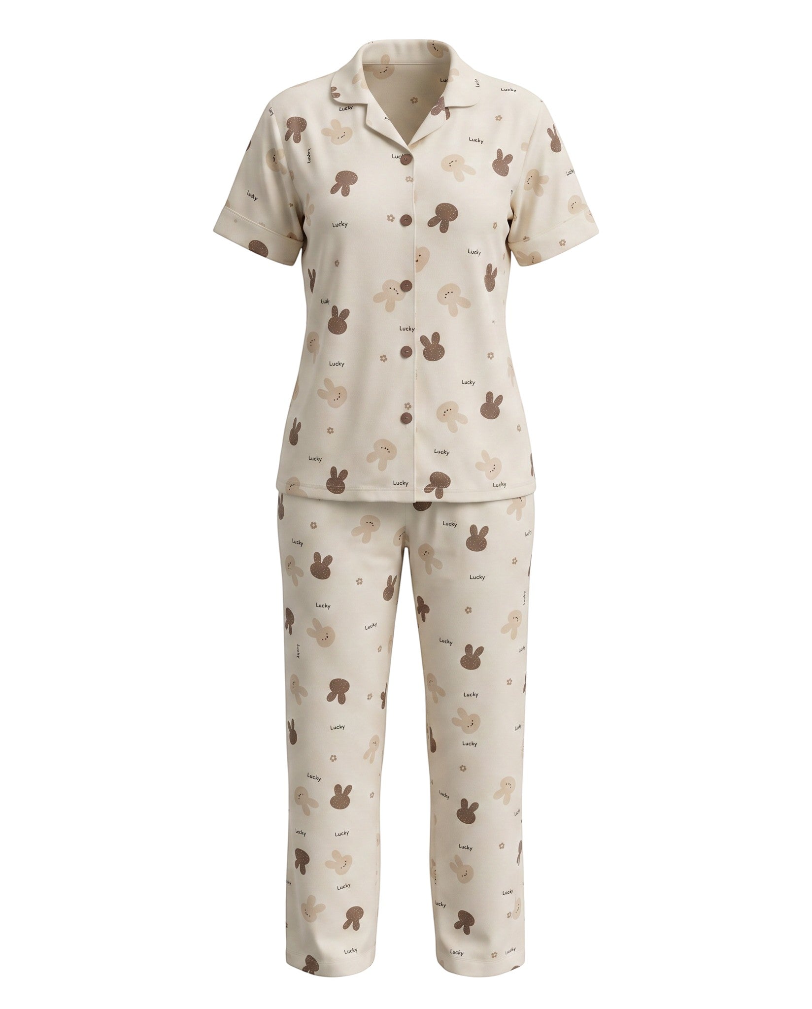 Chillpjs Lucky Bunny pajama set in sandstone cream popcorn crinkle fabric with chocolate brown bunny print.