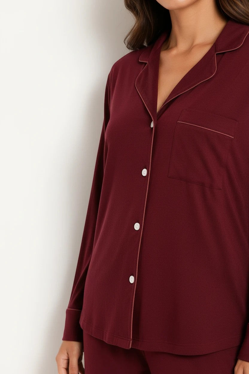 Chillpjs maroon linen pajama shirt with long sleeves, notch lapel collar, button-down front, and chest pocket.